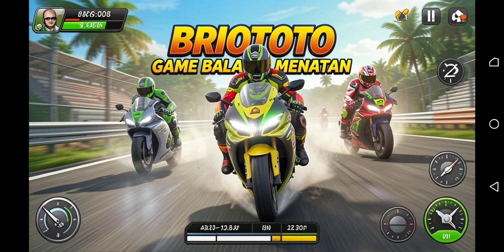 Gameplay seru dan mendebarkan di BRIOTOTO dengan balapan motor yang intens.