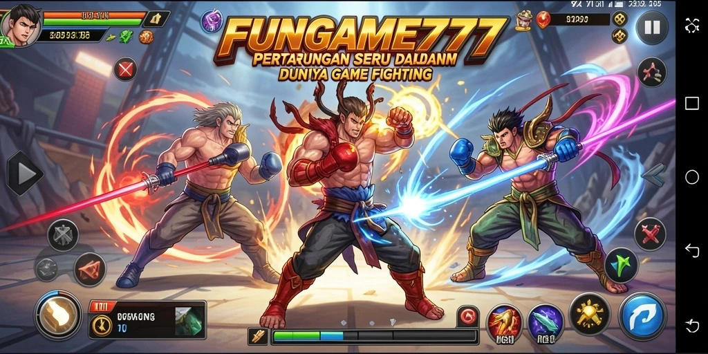 Tampilan gameplay seru dalam FUNGAME777 dengan karakter bertarung.