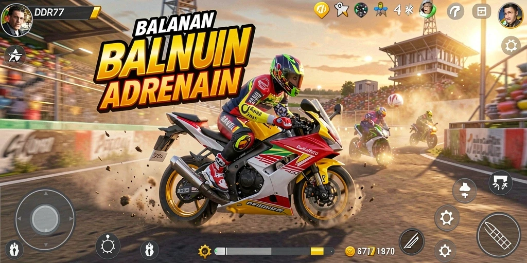 Tampilan gameplay menegangkan di lintasan balapan motor.