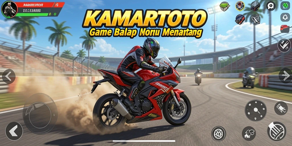 Screenshot gameplay KAMARTOTO menampilkan balapan motor penuh aksi.