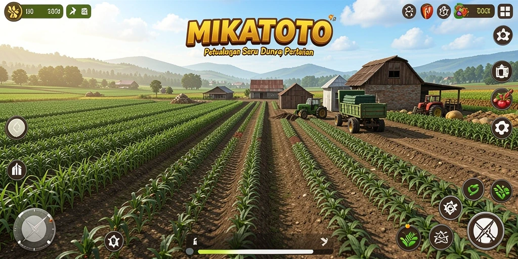 Screenshot gameplay <strong>MIKATOTO</strong> menampilkan ladang yang subur dan hewan ternak yang lucu.