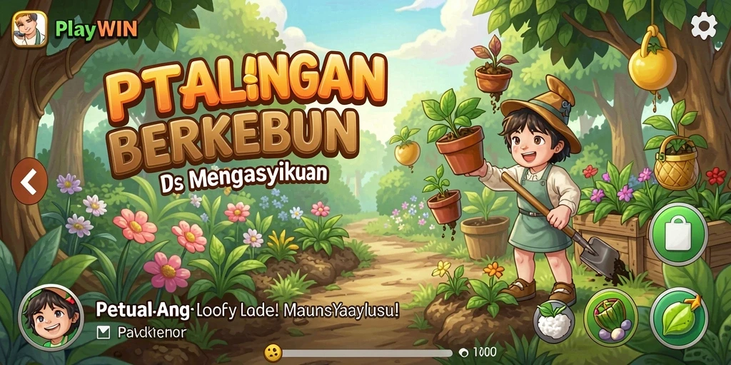 Screenshot gameplay PLAYWIN menampilkan kegiatan berkebun yang berwarna-warni.