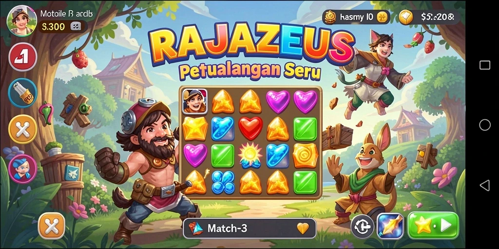 Screenshot utama RAJAZEUS menampilkan gameplay Match-3 yang seru.