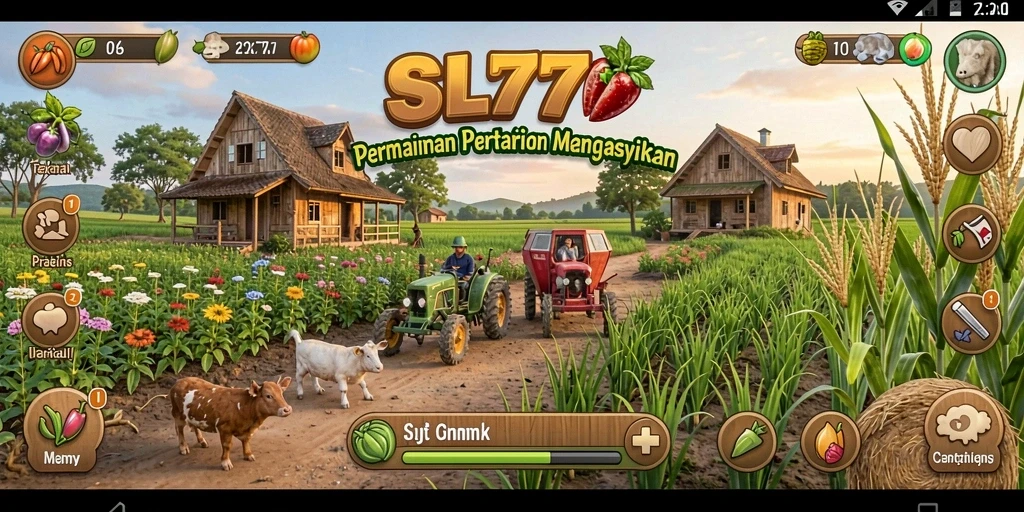 Tangkapan layar permainan SL777 menampilkan ladang yang subur dan aktivitas pertanian.