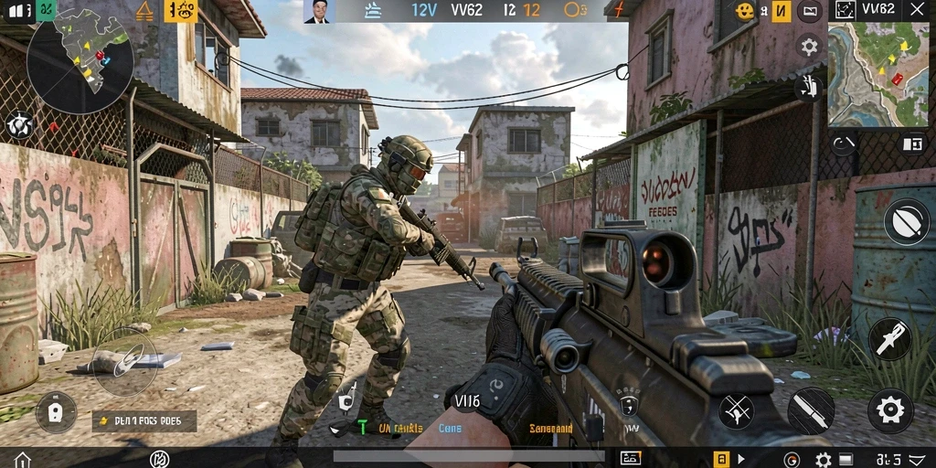 Screenshot gameplay VV62 menampilkan aksi tembak-menembak yang seru.