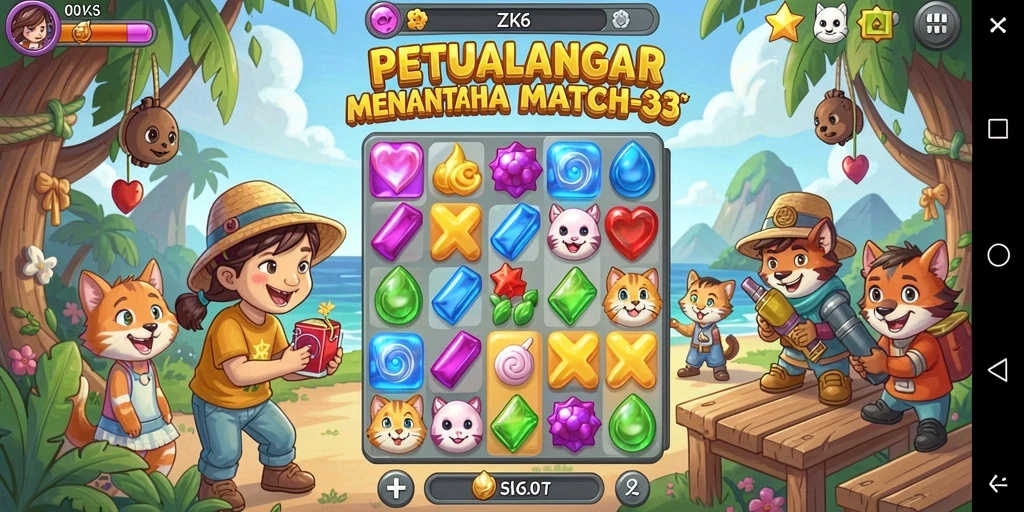 Gambar menunjukkan gameplay ZK6 dengan elemen match-3 yang berwarna-warni.